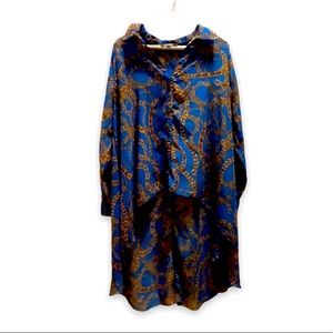 Ups & Downs Woman’s Blue & Gold Chain Patterned High Low Cuff Ruana Kimono